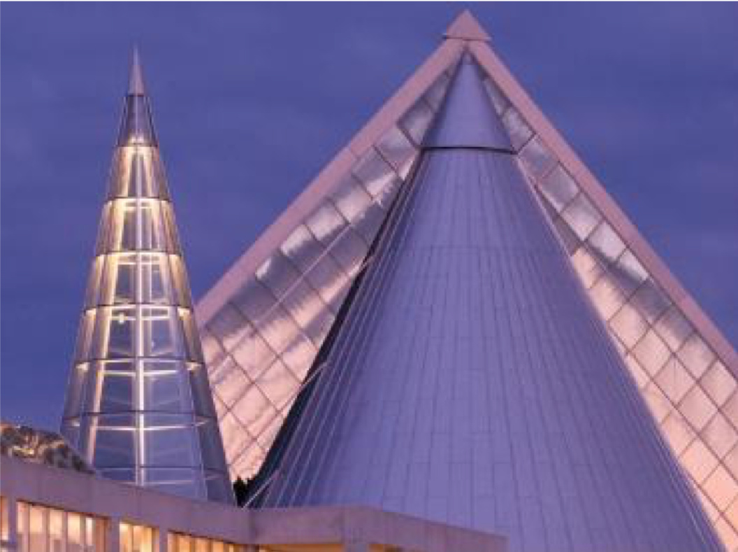 Diefenbaker Building 19 - exterior view of 1992 Council Chamber roof at dusk