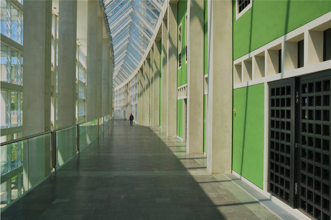 Diefenbaker Building 21 - interior view of curved 1992 walkway looking north