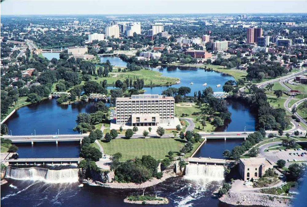 Diefenbaker Building 33 - aerial view of Green Island and Rideau Falls from north