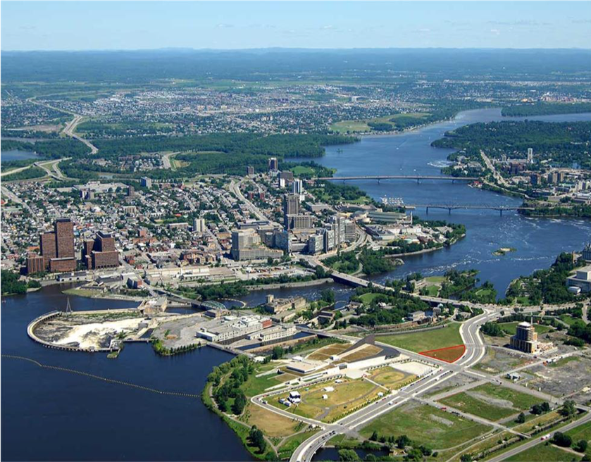 Diefenbaker Building 34 - Aerial view of Ottawa River and distant Old City Hall building