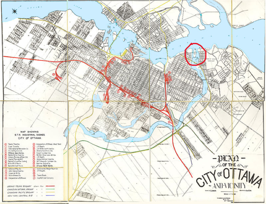 Diefenbaker Building 38 - map of Ottawa with Green Island circled in red