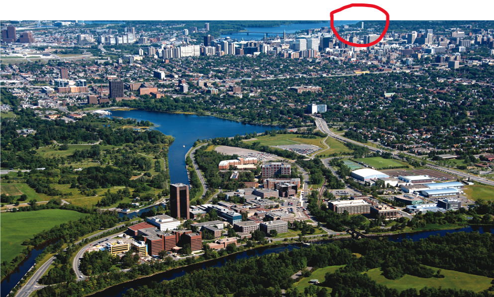 Diefenbaker Building 39 - aerial view from Carleton campus to Old City Hall buildings in far distance