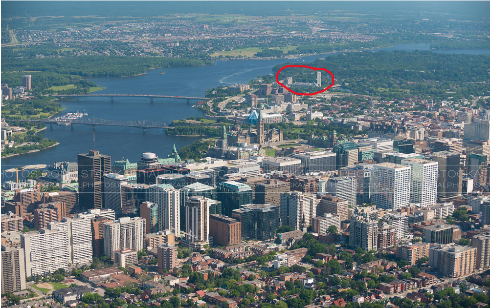 Diefenbaker Building 40 - aerial view of Ottawa and with buildings in far distance