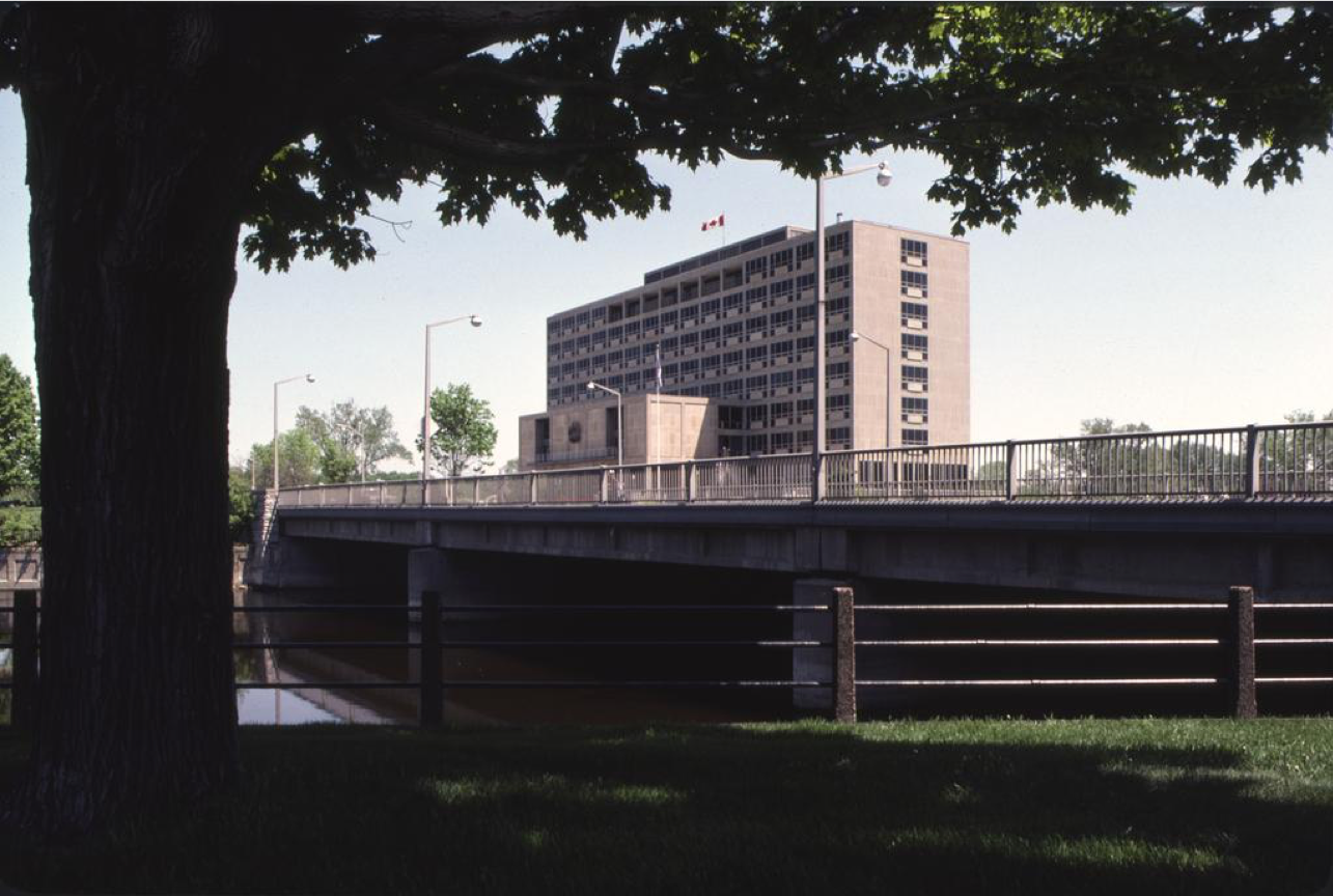 Diefenbaker Building 47 - exterior north west view of 1958 building over bridge