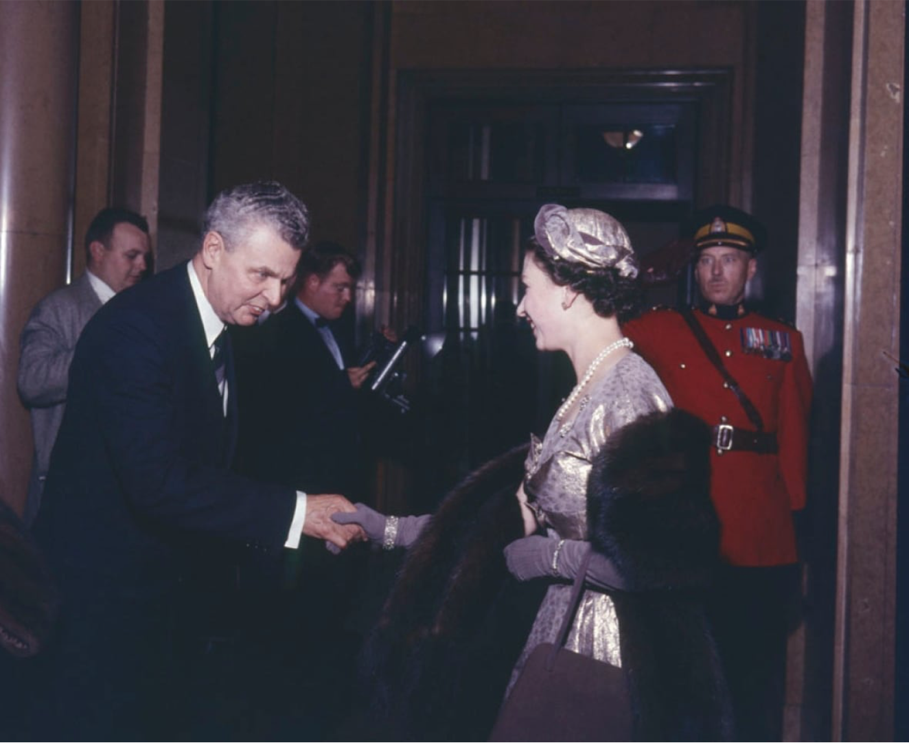 John Diefenbaker welcoming Queen Elizabeth II