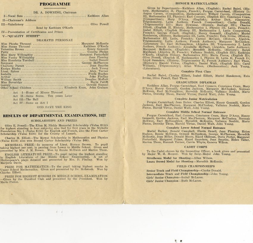 Folded paper program with black and white photograph of Carleton Place High School on cover. "Commencement Exercises of the Carleton Place High School" in black on cover. "The Town Hall Wednesday Evening, Dec. 21st, 1927". Published by "Herald".