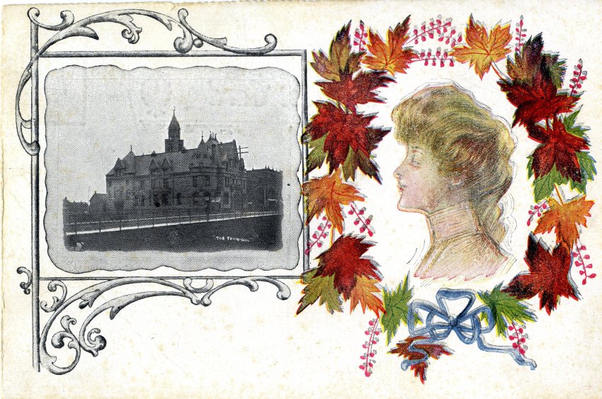 A postcard containing a black and white photograph of the Town Hall and a painting of a women surrounded by colourful leaves. The picture of the town hall appears at the left of the photograph and the women is on the right. The women is painted in side profile. She has blonde hair and she is wearing a high collared shirt. The leaves that surround her are maple leaves. The bridge can also be seen as well as hydro lines. On the back of the postcard reads "Private Post Card, Correspondence, Address Only".