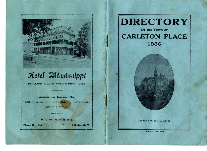 Rectangular paper book, staple binding. "Directory of the Town of Carleton Place 1936", containing map of town, names and addresses of citizens and advertisements (Nichols).Publised by Jas. H. Neelin The Canadian Press". Black and white illustration of town hall on front cover. Black and white photograph of "Hotel Mississippi, Carleton Place's Outstanding Hotel" on back cover. Includes photographs of: "Mrs. Gertrude Neelin, Publisher of the Carleton Place Directory 1936", "Jas. H. Neelin, Directory Manager,