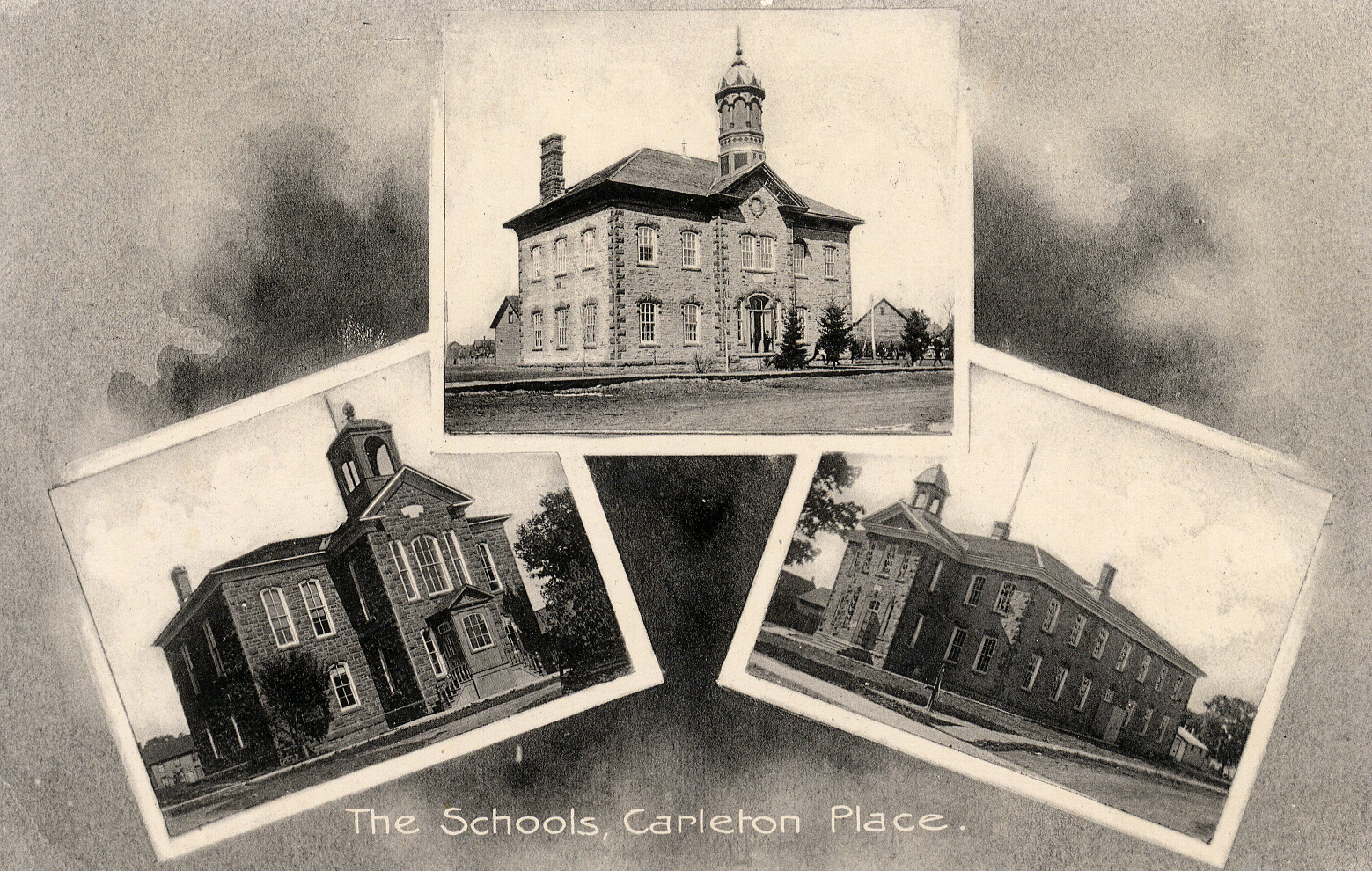 Postcard, black and white, showing the three stone public schools in Carleton Place: Victoria, Prince of Wales, Central.