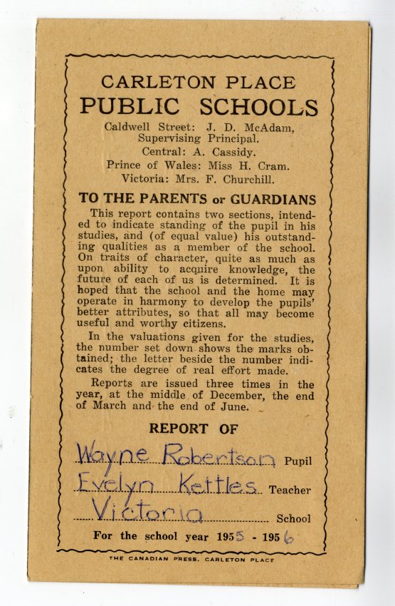 Rectangular beige coloured report card. The report card is in booklet format, with four pages, including front and back cover. On the front is the title "Carleton Place Public Schools" in black text, and a message to parents or guardians. 