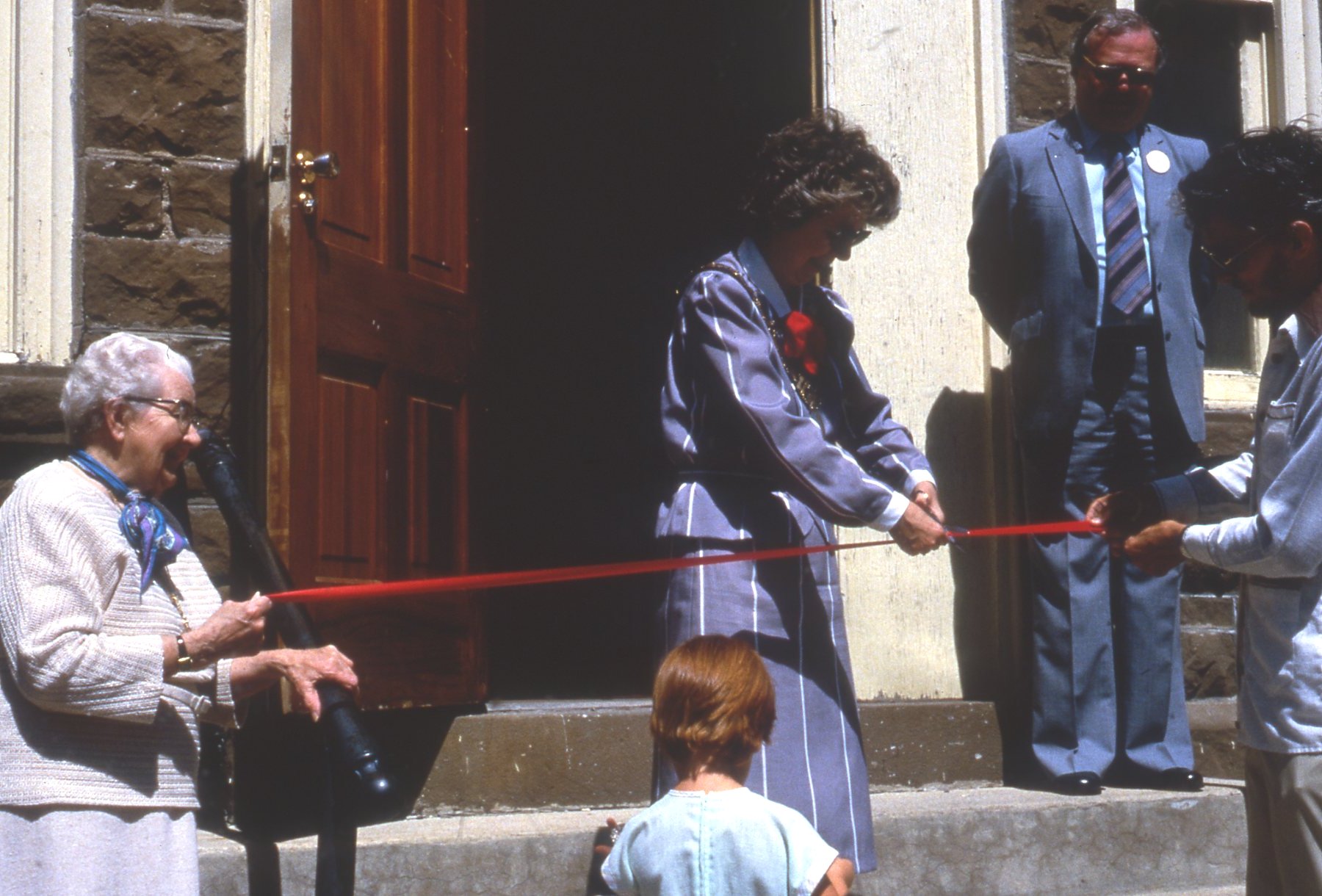 Square Slide, Colour Transparency, Grey Plastic Border, Image of Victoria School House Museum opening.